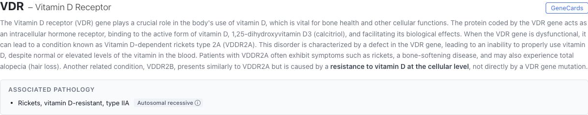 Current Demo Genome VDR gene header with full name, GeneCards link, and associated pathology