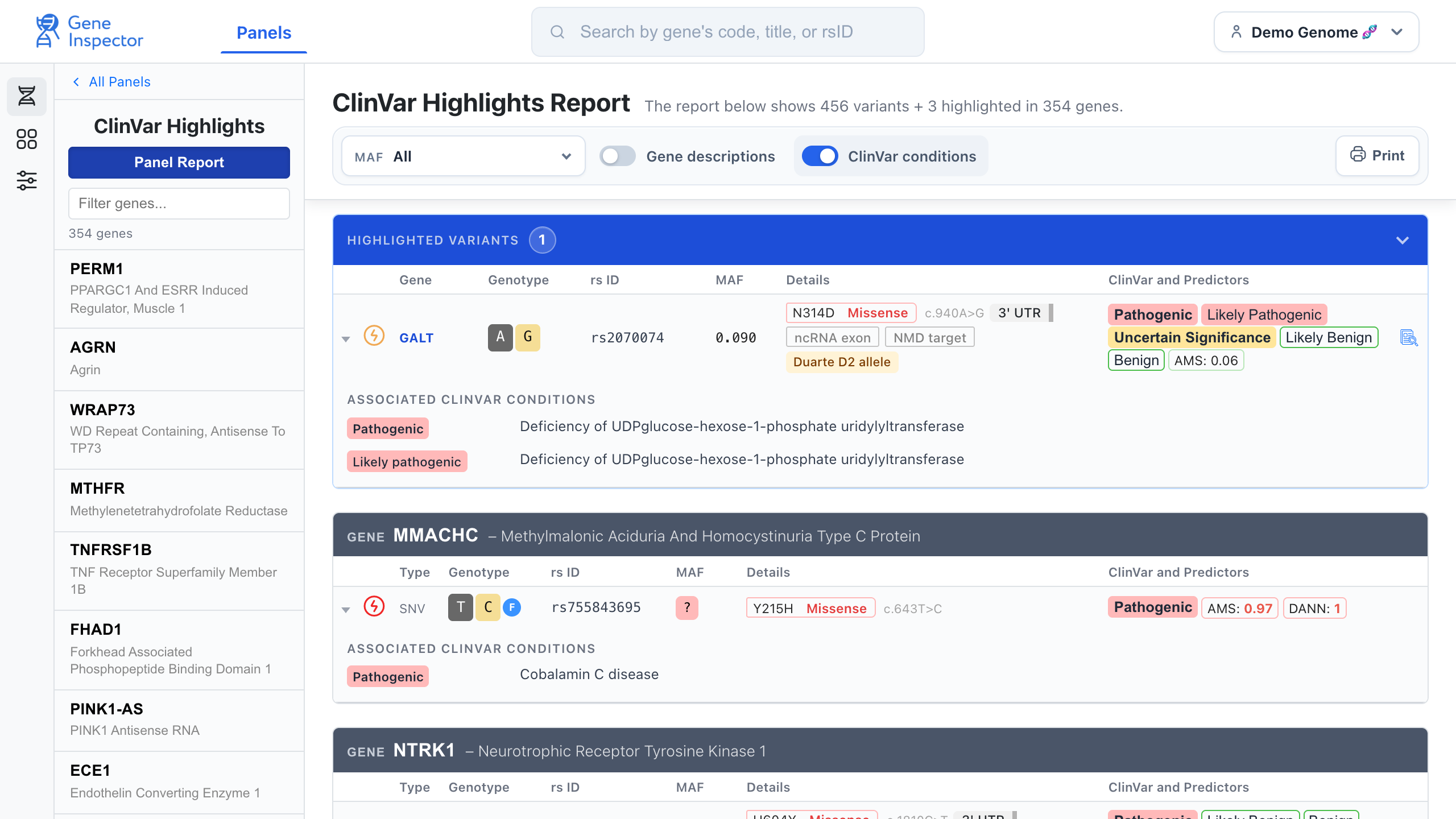 ClinVar Highlights report from the demo genome with gene descriptions off, ClinVar conditions on, and variant evidence visible