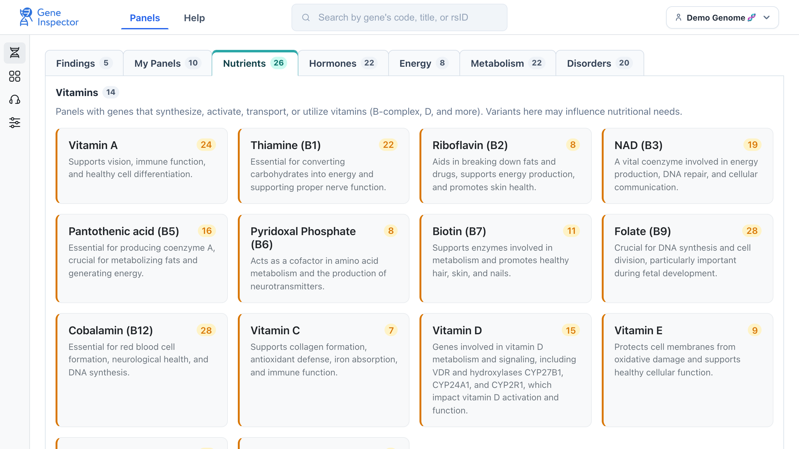 Gene Inspector demo genome showing vitamin panels including Folate and Vitamin D