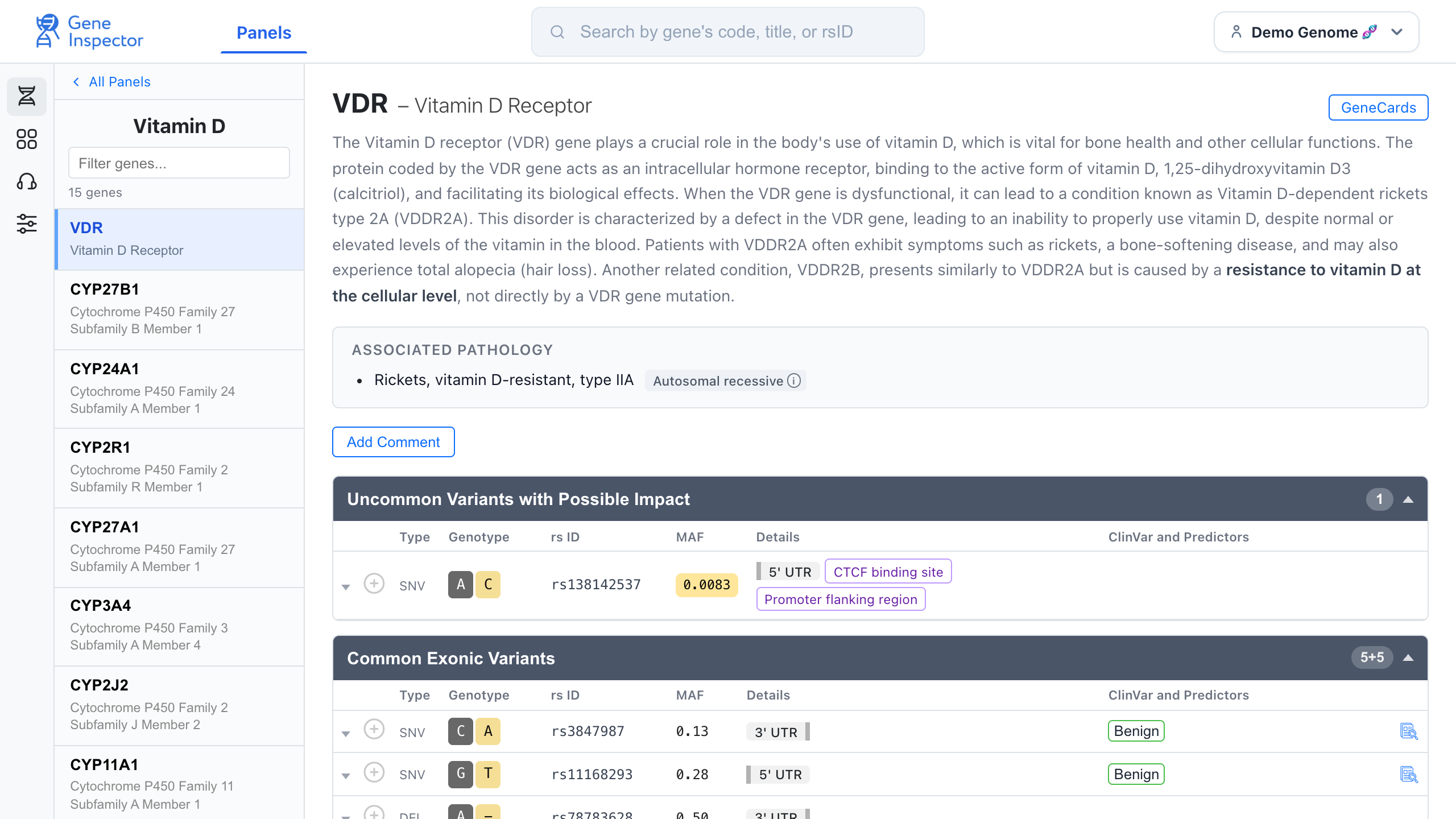 VDR gene view from the demo genome with gene context and grouped variants